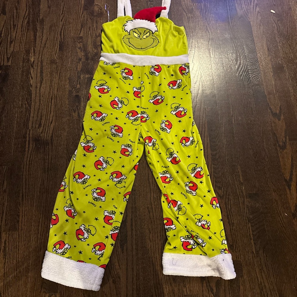 Plush Grinch Print Women’s Jumpsuit Pajamas - Lime Green